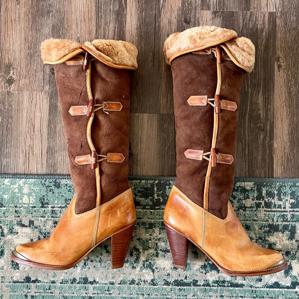 Vintage Brown Suede Cream Sherpa Lined Calf Height Heeled Boots Size 6.5 D